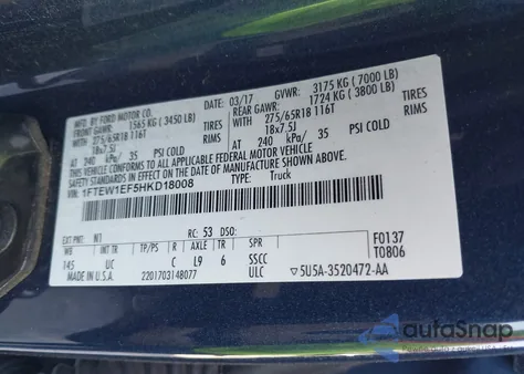 2017 Ford F-150 Xlt из США, поврежденный, VIN 1FTEW1EF5HKD18008